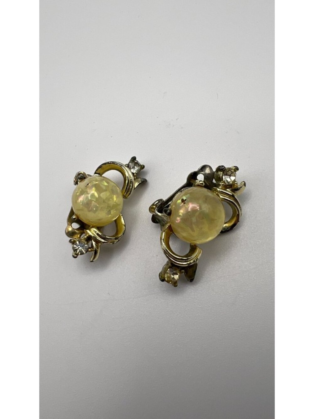 Vintage Coro Clip-On Earrings With Yellow Iridescent Cabochons & Rhinestone Acce